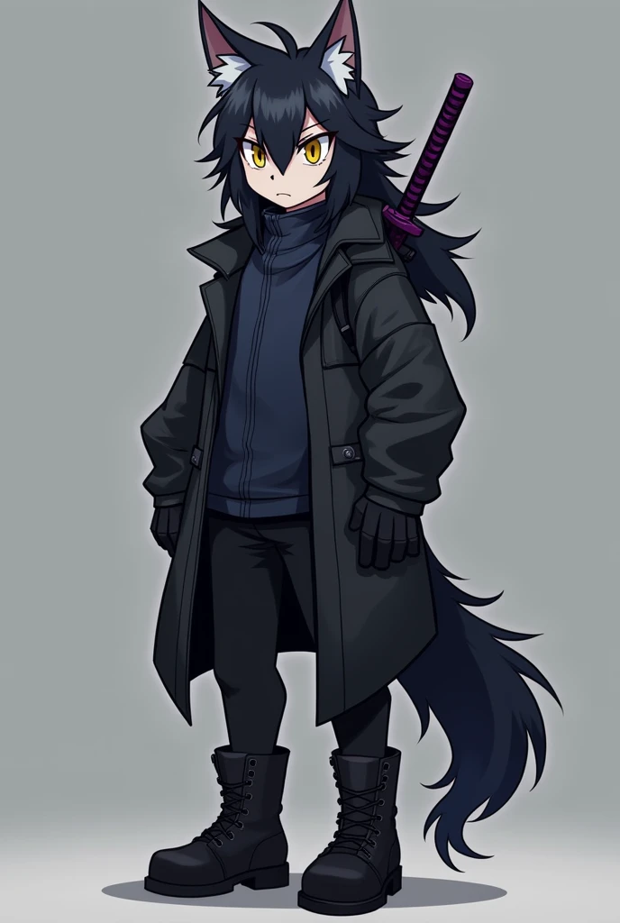 A Sonic-style wolf, Anime Style Long Short Black Hair, hair a little to the left of the eye and with a slightly large ponytail, with big yellow eyes, with black cold weather blouse with dark blue shirt, black pants and black men&#39;s boots, with black gloves, and with a purple Katana on his back.