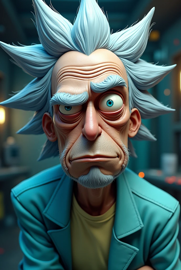 a detailed portrait of Rick Sanchez from Rick and Morty, hyperrealistic, photorealistic, highly detailed, 8k, masterpiece, intricate details, lifelike features, expressive eyes, realistic skin texture, detailed wrinkles, messy gray hair, blue lab coat, white shirt, vibrant colors, dramatic lighting, cinematic composition, detailed background, futuristic setting