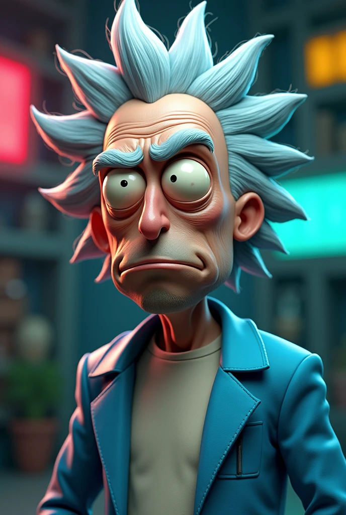 a detailed portrait of Rick Sanchez from Rick and Morty, hyperrealistic, photorealistic, highly detailed, 8k, masterpiece, intricate details, lifelike features, expressive eyes, realistic skin texture, detailed wrinkles, messy gray hair, blue lab coat, white shirt, vibrant colors, dramatic lighting, cinematic composition, detailed background, futuristic setting