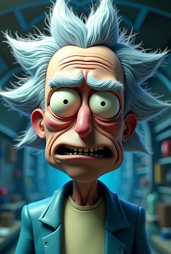 a detailed portrait of Rick Sanchez from Rick and Morty, hyperrealistic, photorealistic, highly detailed, 8k, masterpiece, intricate details, lifelike features, expressive eyes, realistic skin texture, detailed wrinkles, messy gray hair, blue lab coat, white shirt, vibrant colors, dramatic lighting, cinematic composition, detailed background, futuristic setting