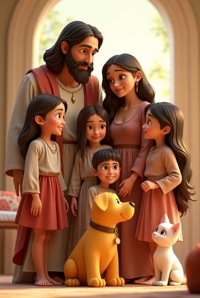 tender image of Jesus with an adult mother, six adult daughters, a yellow dog and a white cat, Pixar 3D type image