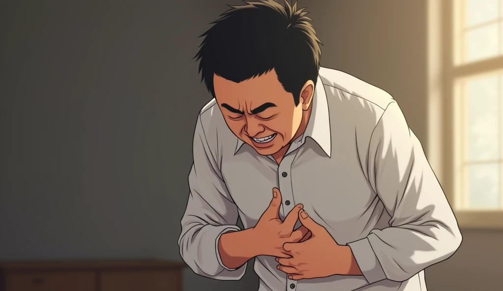 Highest quality、Overeating、I'm full、A Japanese man clutching his stomach in pain
