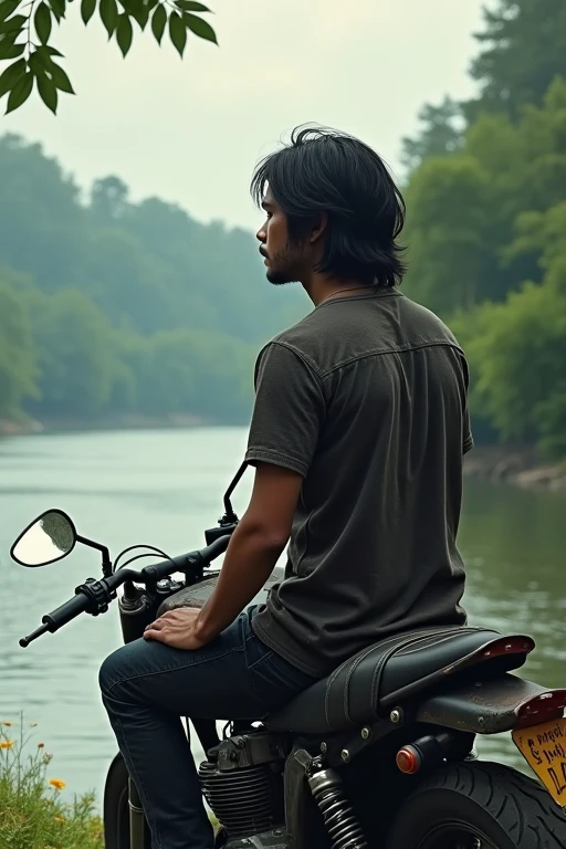 A long hair men sitting on a bike in front of a river