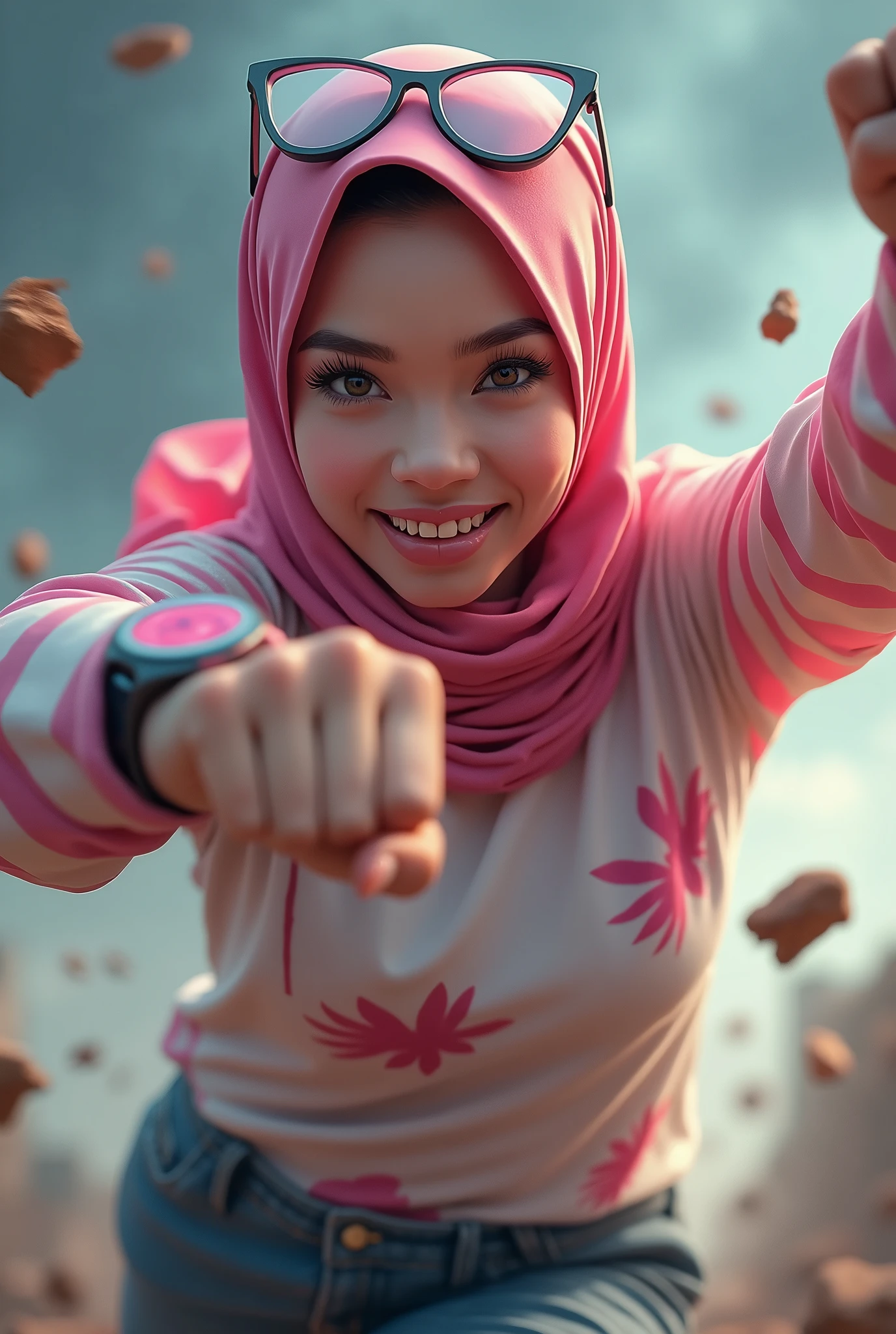 Malaysia women a realistic masterpiece. Human .wear pint watch.. 1girl wearing a hijab, detailed beautiful face, Hijab Muslim. Wear long sleeve moder design pink white pink stripe white. anger face, minimalist flower on shirt. Enger face. Open mouth. Glowing power pink. . Wear pink white.small Safety Pink yellow glasses google spectacle top of the head rubber band. Age . Flying position. Fast fly. Panning effect Photography . Jump on and have a super strong power.. punch flying beside big aeroplane . Fight pose. Bokeh background. fist front.. At the city. Bad waether. , detailed lips, long eyelashes. Hero, modest expression, delicate facial features, natural skin tones, , detailed folds and textures of hijab, natural lighting, high quality, photorealistic, 8k, best quality. Malaysia girl. Floating small stone and dry leave. ). Running effect. Glowing yellow power. Runfast effect. Wear blue big glasses big frame. Braces teeth. Boleh background. Panning effect.pink high tech watch. flying high on sky.