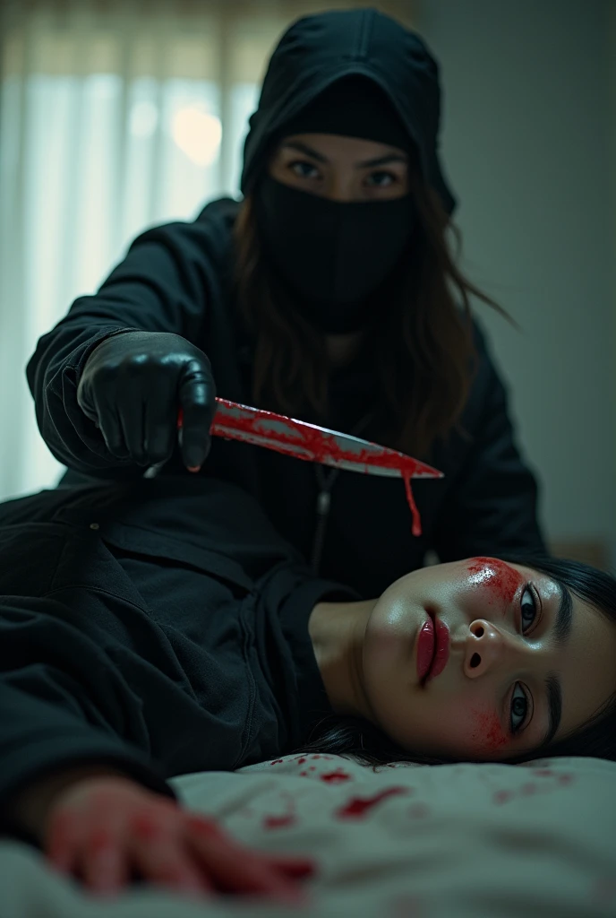 korean girl, (behind multiple stiff, holding knife), stabbing, black balaclava mask, black gloves, girl only, black raincoat, trucker hat, bloody knife, bloody room, black gloves, woman on top, behind multiple cadaver, blood splatter, on the bed, looking at viewer, mass murderer, killer, blood splatter, atmospheric realistic, light from the window, close-up,