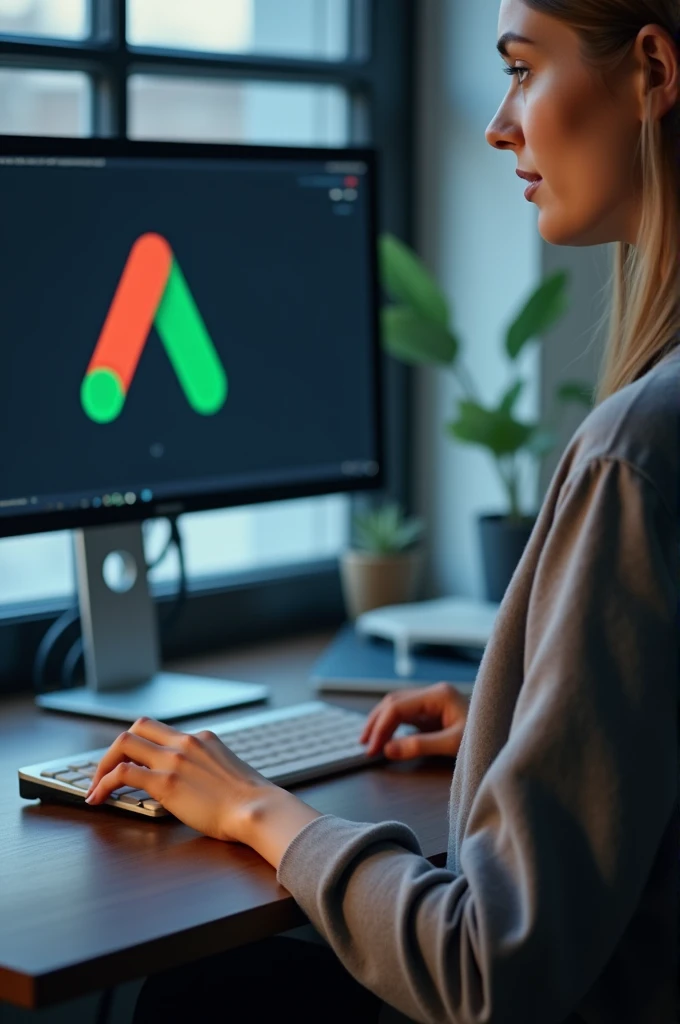 a woman working on her computer,google ADS logo on computer,photo realist, focus on the hand with the computer