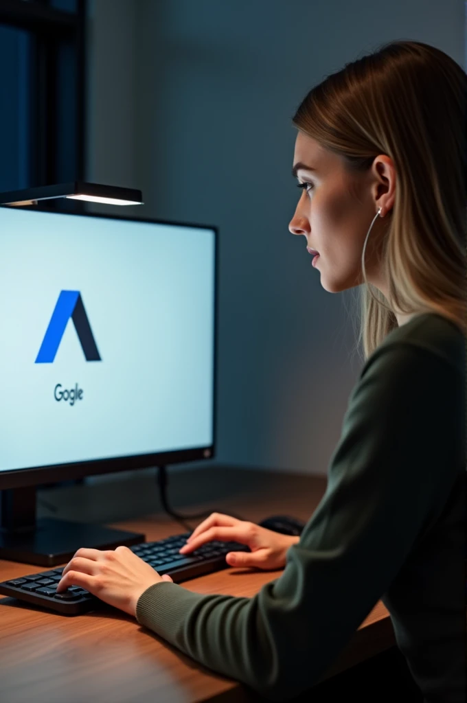 a woman working on her computer,google ADS logo on computer,photo realist, focus on the hand with the computer