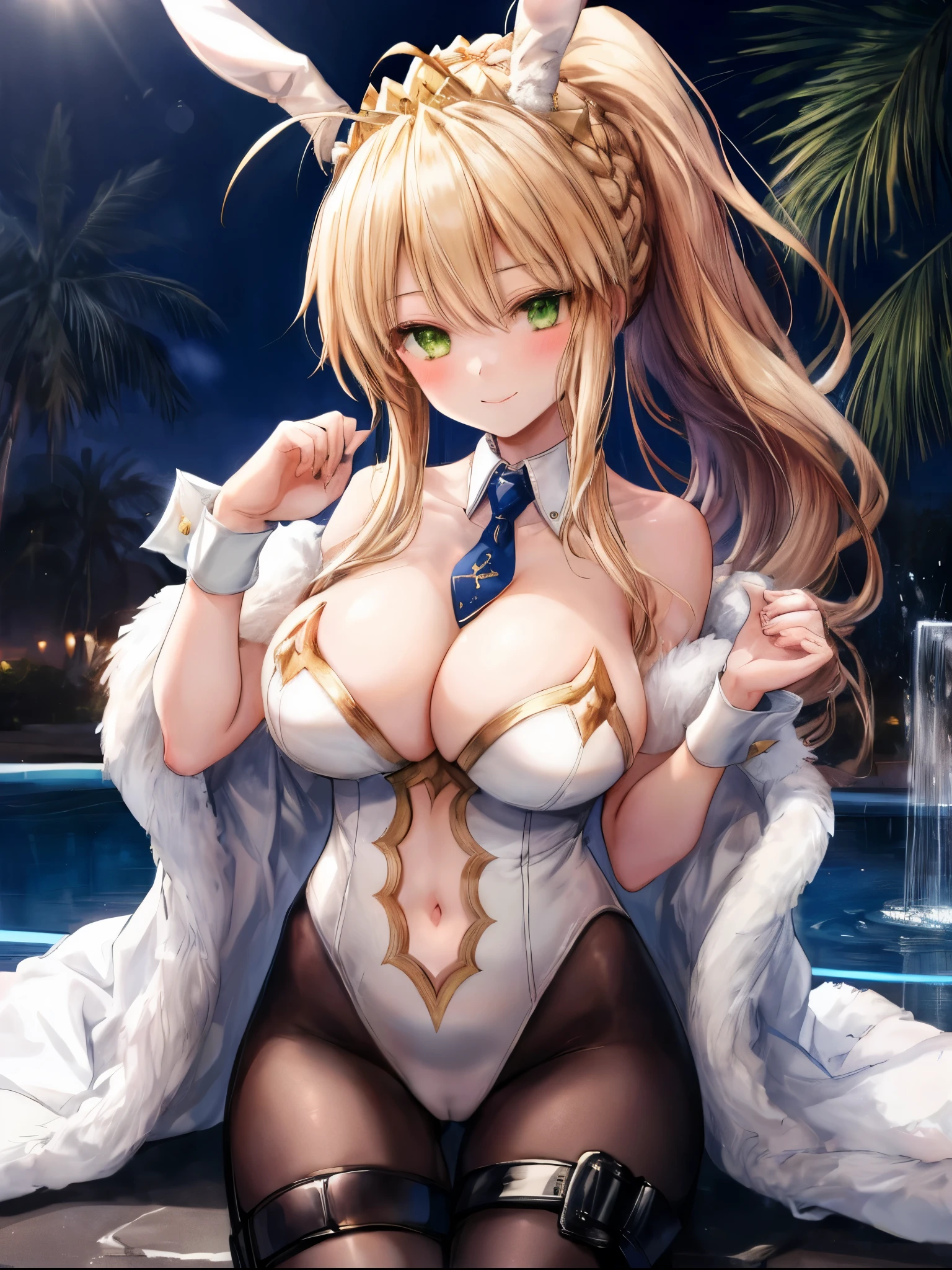 masterpiece, best quality, absurdres, soft lighting, looking at viewer, solo, light_smile, shy,
1girl, ahoge, rabbit ears, playboy bunny, artoria pendragon \(swimsuit ruler\) \(fate\), large breasts , blonde hair, green eyes, french braid,  pony tail
bare shoulders, large breasts , cleavage,
clothing cut out, wrist cuffs, detached collar, navel cutout, feather boa,
white leotard, blue necktie, blue pantyhose, single thigh strap, hands_on_head,put_hands_up,
squat,gorgeous_fountain_landscape_background,solo,rabbit_posing,large_thighs,Extend_fingers,palm,open_legs,.solo