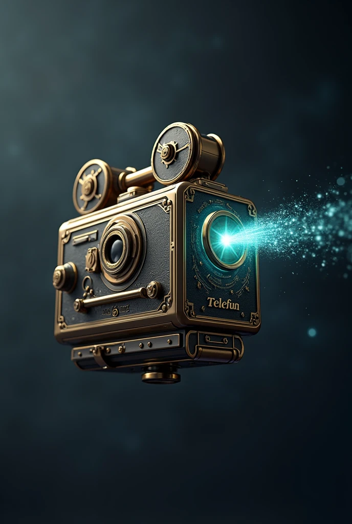 logo 1.1, prata name TeleFun, antique holographic projection camera with gold background, dark and light gray background.