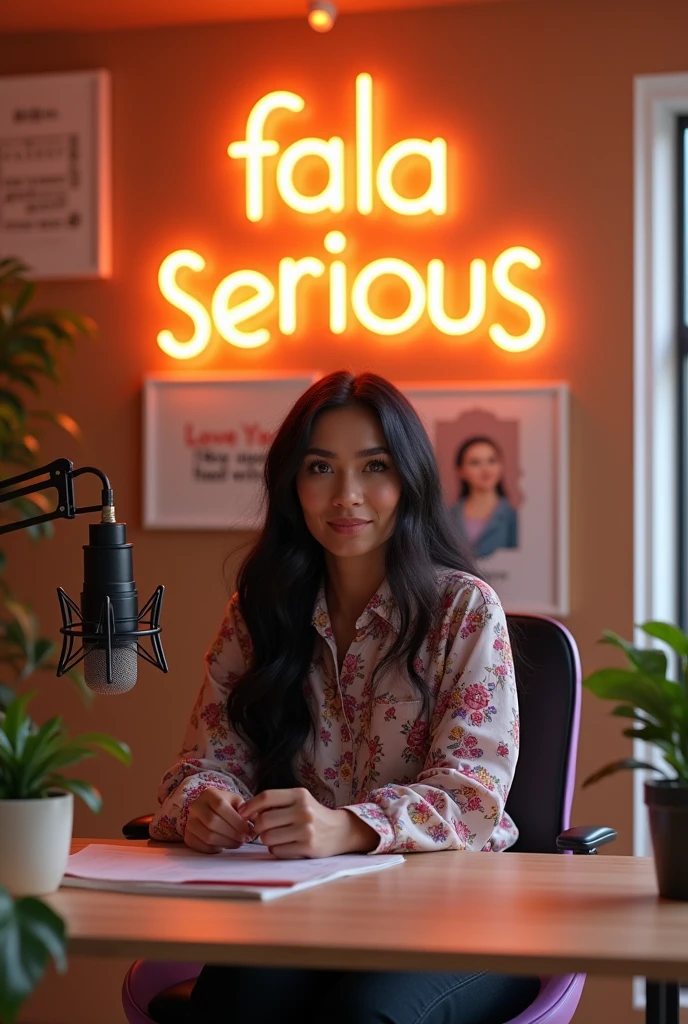 The background could have the name of the podcast "fala serious" in Portuguese in fun typography. Comfortable, modern furniture like a light wood table and black chair with lilac details add personality. Warm lighting with subtle LED lights creates a welcoming atmosphere. Plants, pictures with funny phrases, and high-quality microphones complement the look, reflecting the light and humorous tone of the program. Long black hair, dark skin, green eyes, colorful and modern style, with printed blouses and delicate accessories.