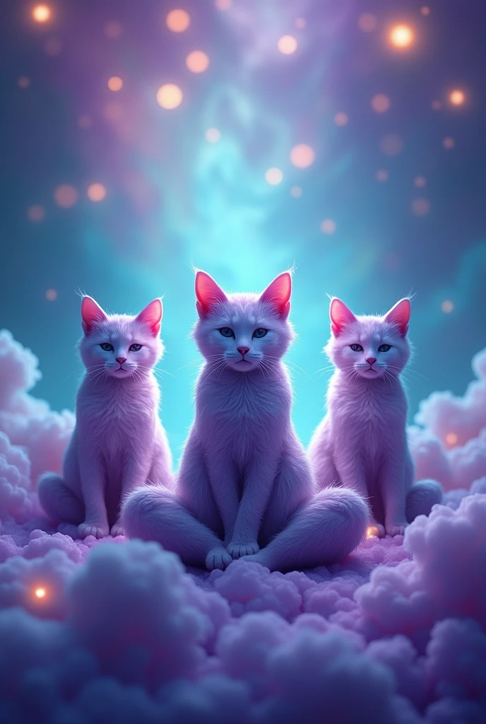 Create three cute cats, cute, hiper realisitic, realisitic, 真实感, They are meditating, they are purple, Are they happy, and the background is the turquoise and purple galaxy