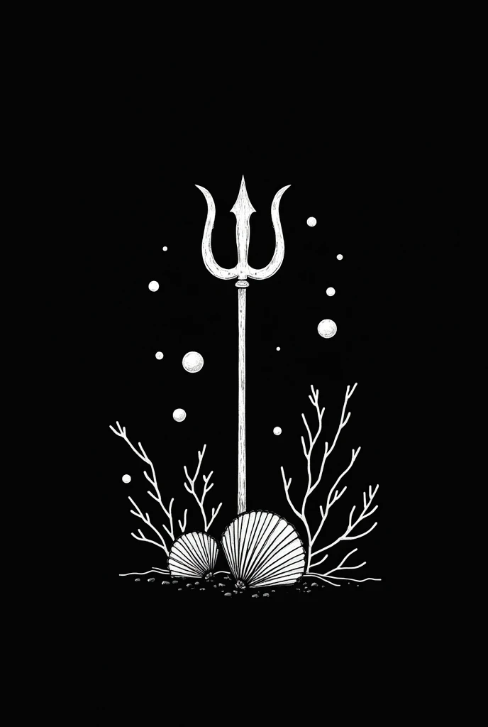make a trident with bubbles and seashells around it like a drawing and making it very simple and dainty with no backround just black and white and very simple like someoune drew it