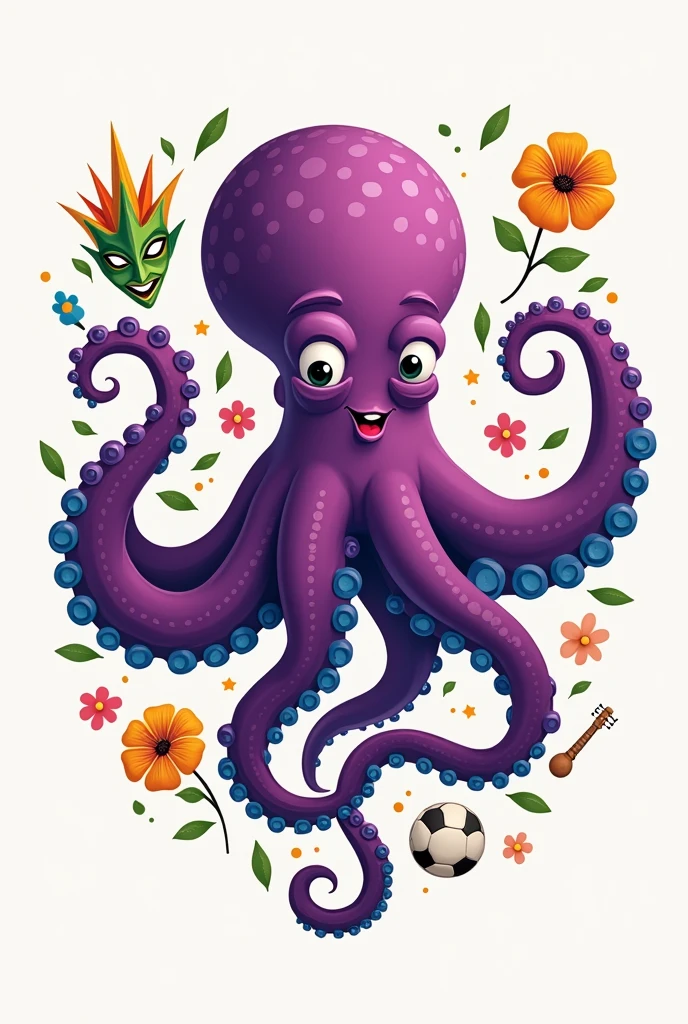 create a logo of a purple octopus and in its tentacles different things that represent Brazil