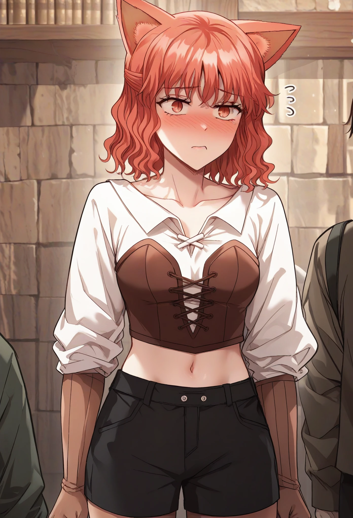 MisshaKarlstein, cat woman, red eyes, red hair, short hair, wavy hair,top tank,shorts,midriff,navel,embarrased,blush,full face blush,red face,looking away,embarrased
