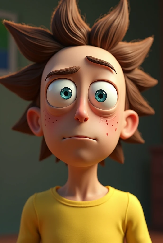 a detailed portrait of Morty from Rick and Morty, extremely detailed facial features, beautiful striking blue eyes, cute freckles, messy brown hair, anxious expression, wearing a yellow shirt, realistic, cinematic lighting, Pixar style, highly detailed, 8k, masterpiece