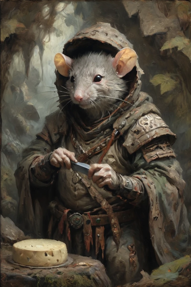 Absurd Wabi-Sabi, a Rat Man，With cheese，In the forest cave, Dressed in elegant tribal-era armor， Surrealism, Holding a knife