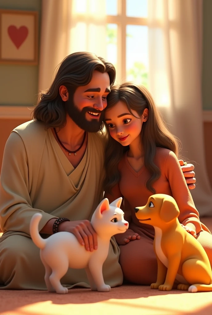 tender image of Jesus with an adult mother, six adult daughters, a yellow dog and a white cat, Pixar 3D type image