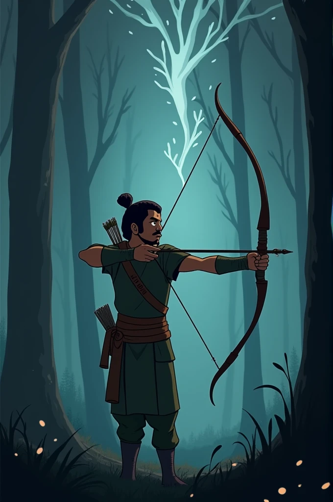 Animate a scene where Eklavya is in the forest, surprised as his bowstring snaps while aiming at a target. His expression should show a mix of surprise and determination. The sky is darkening, indicating an approaching storm, and the forest around him looks more ominous. The broken bowstring hangs from the bow, capturing the moment of unexpected challenge."