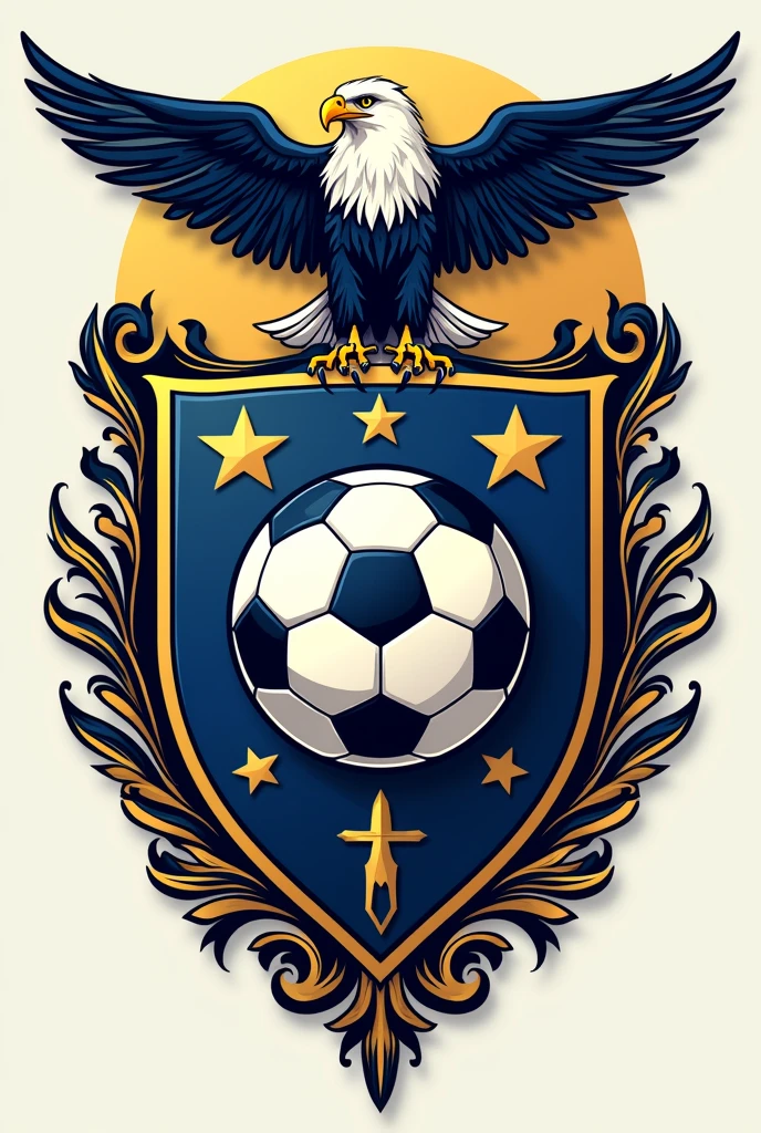 Shield for soccer team , WITHOUT LETTERS AND THAT THE COLOR GOLD WITH BLUE AND WHITE PREDOMINATES AND THAT IT IS ELEGANT AND THAT IT INCLUDES AN ELEGANT SOCCER BALL WITHOUT LETTERS OR NUMBERS AND THAT IT IS VERY ELEGANT WITH AN EAGLE
