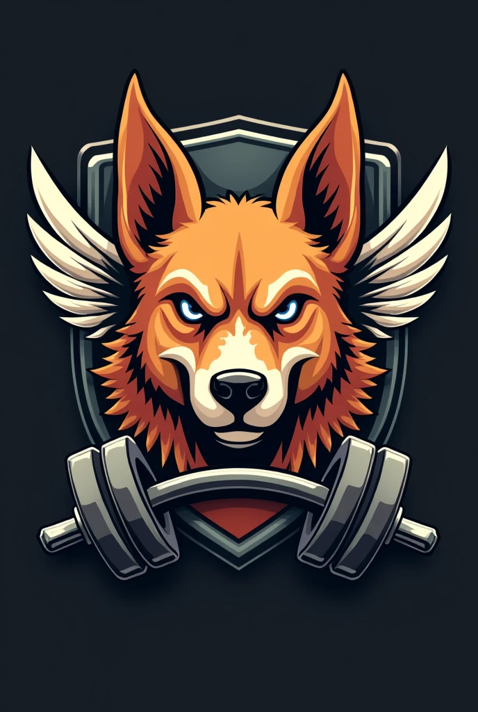 coat of arms of a gym whose mascot is a caramel-colored mongrel dog with pricked ears and a very angry face, On the coat of arms of gym weights, the dog only has its face right in the middle, with not so big wings coming out from behind him aligned with his eyes and two weights at the bottom of the coat of arms.