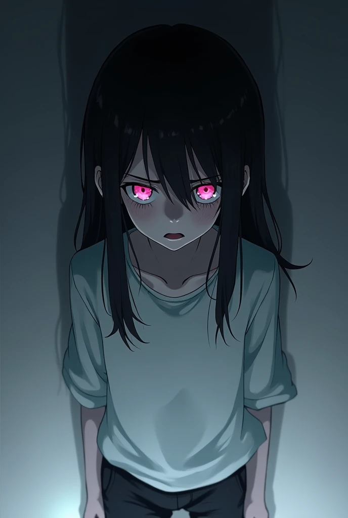 (Artwork), ((8K)), (Soul Eater Anime Tracing), (1 Boy), , long black hair, droopy eyes, pink iris color, wearing white long sleeve shirt, black pants, scared look.
