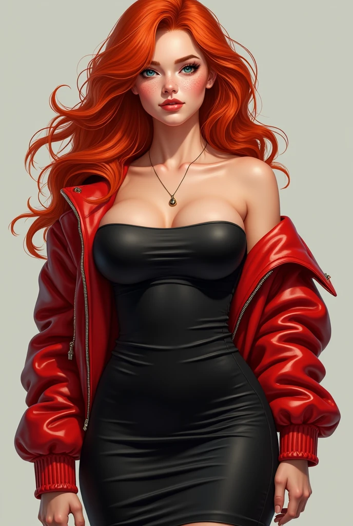 Sixteen-year-old female teenager, tall and with big breasts, white skin with freckles, orange-red hair and blue-green eyes. Wearing a black strapless dress under a red leather jacket