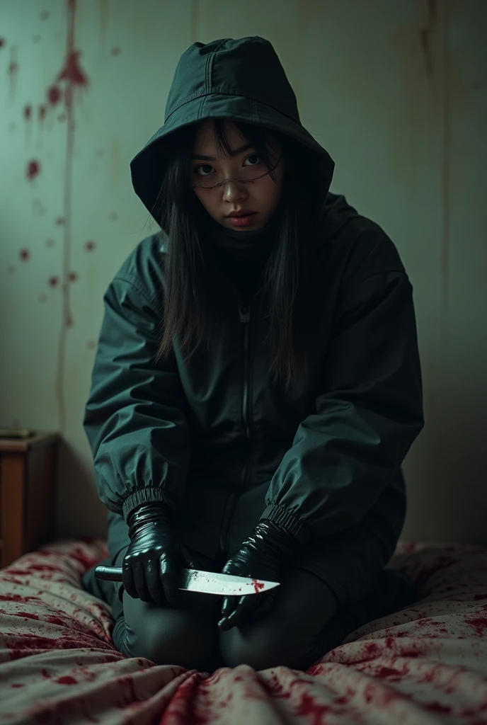 korean girl, (behind multiple stiff, holding knife), stabbing, black balaclava mask, black gloves, girl only, black raincoat, bucket hat, bloody knife, bloody room, black gloves, woman on top, behind multiple cadaver, blood splatter, on the bed, looking at viewer, mass murderer, killer, blood splatter, atmospheric realistic, light from the window, close-up,
