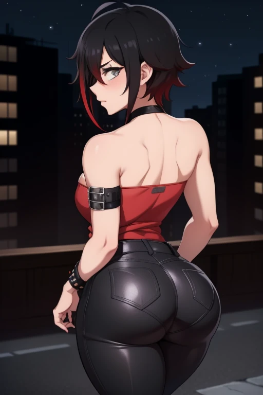 20 year old woman, busty, bubble butt, huge ass, round ass hourglass figure, skinny, blushing, panicked expression, horny, seductive, black hair, short hair, messy hair, red streaked hair, spiky hair, wearing wearing tight black tube top, black jeans, choker, high heels, tight fitting clothing, cleavage, middrift, anime, city at night, outside, punk, punk style, punk hair, doujin style, manga, flat colours, 2d manga, strapless, bare arms, bare shoulders, ass focus, ruby rose, rwby