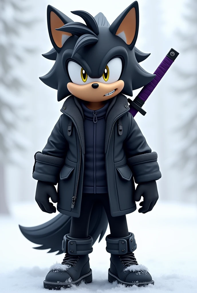 A Sonic-style wolf, Short Long Black Hair, hair a little to the left of the eye and with a slightly large ponytail, with big yellow eyes, with black cold weather blouse with dark blue shirt, black pants and black men's boots, with black gloves, and with a purple Katana on his back.