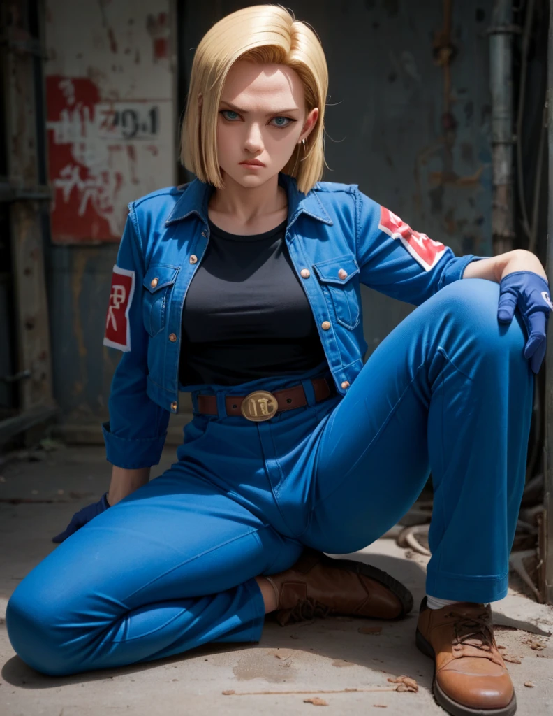 Digital illustration of an Android-18 White female character with muscular build, wearing a tight-fitting blue jumpsuit. She has long blonde hair with two braids, blue gloves. His facial expression is serious, with blue eyes and a determined look. The character's skin is light and she has green camouflage paint on her legs. The illustration is highly detailed, focusing on the character's strong physique and intense expression. anime, anatomically correct, super detail, high quality, 4K