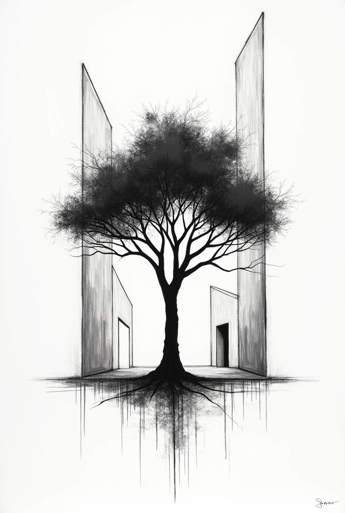 Make me a picture of a wall art that has a tree in the middle and buildings around it, do it for me in sketch form (Don&#39;t make buildings with perspective) A little more complex
