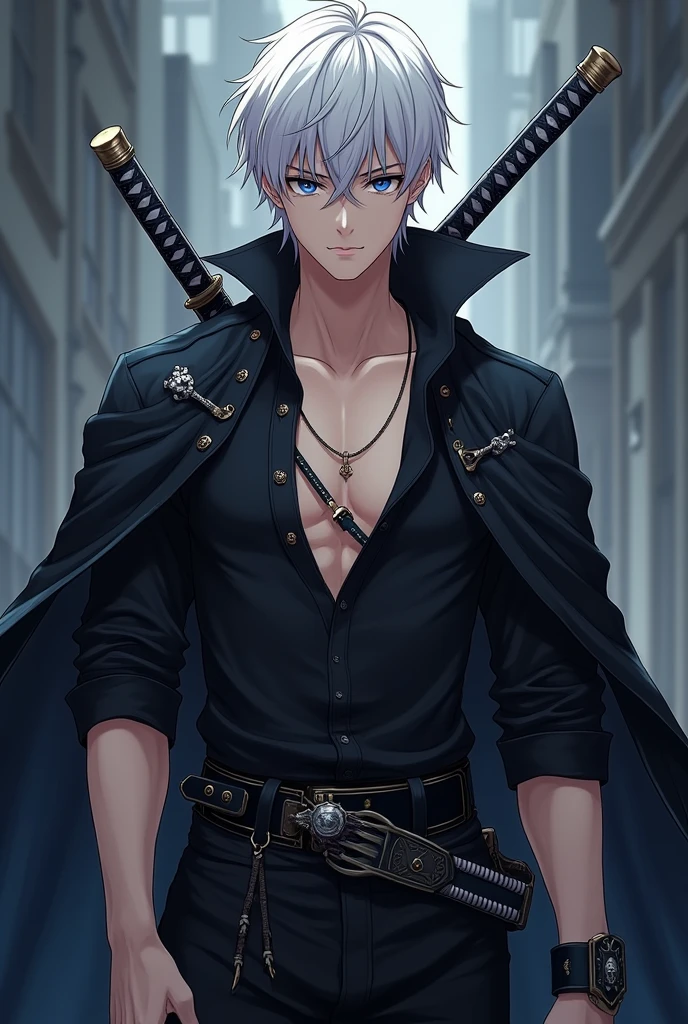 (short white hair anime handsome boy with emotionless dark blue sharp eyes, white hair toned, with katana wearing open wide collar black shirt with a pirate cape in the shoulders with black steel 18th century flintlock pistol on belt