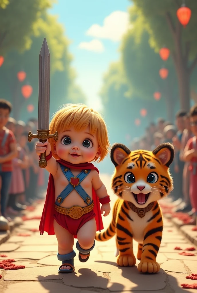 Create a scene where an adorable baby is wearing a He Man costume and raising his sword high, the warrior cat animal tiger walking beside the baby ,cartoon He Man and parading on the catwalk, ultra realistic 4k motion camera