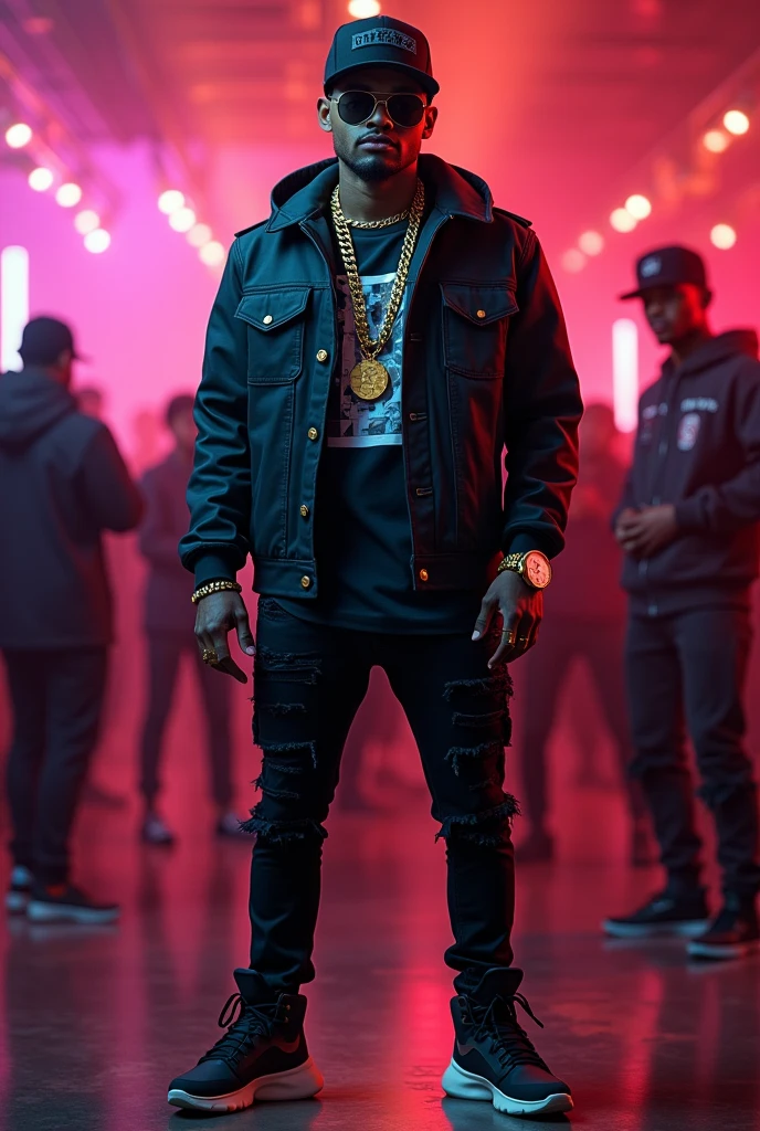 "Create an image of a cool rapper at a party wearing an oversized graphic tee under a black distressed leather jacket, slim-fit ripped black jeans, and high-top sneakers in matte black and metallic gold. Add gold accessories like a thick chain necklace, large watch, rings, and a black snapback hat. Finish with black aviator sunglasses and a sleek gold bracelet."