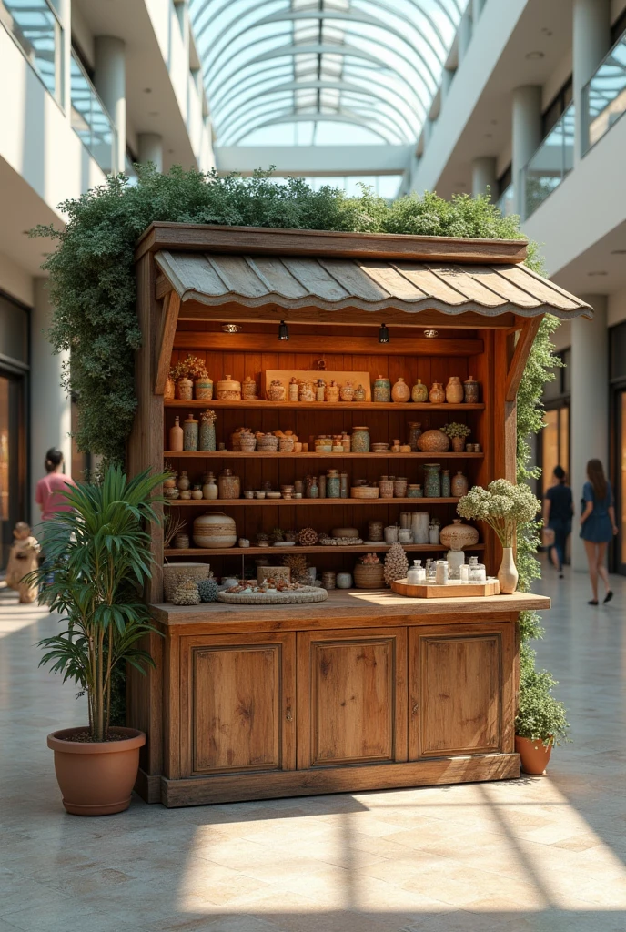 A wooden kiosk displaying products located in a shopping mall corridor with shelves