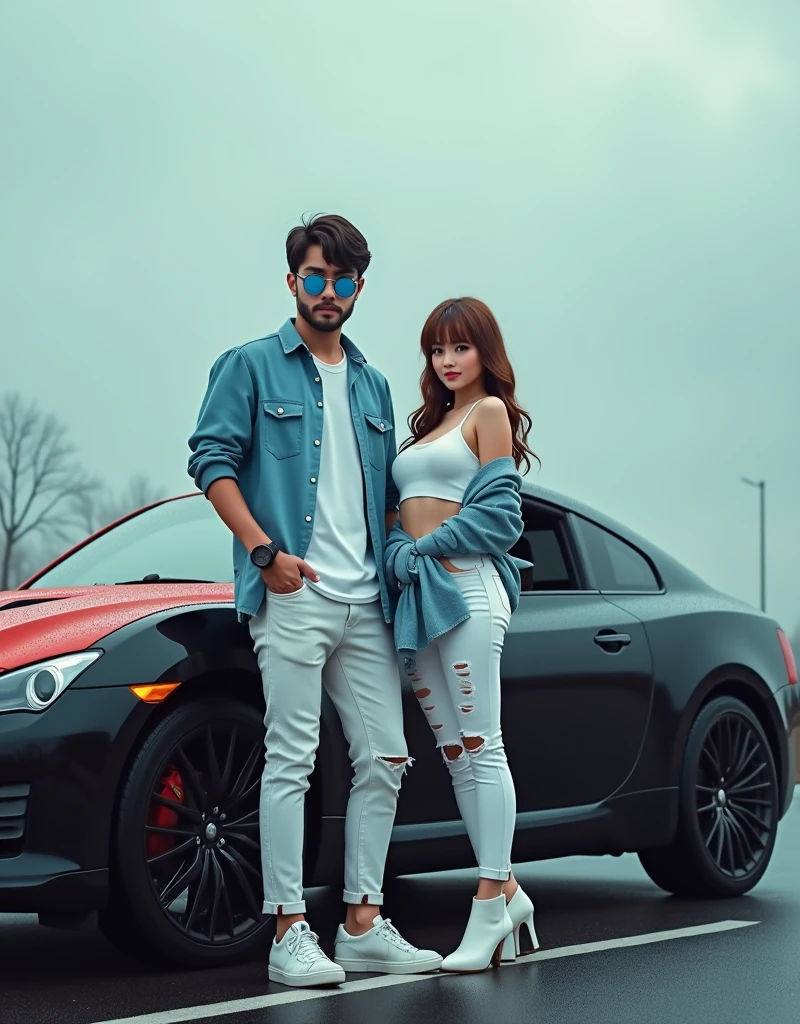 Create a anime style landscape image. A anime style, Stylish and modern photograph featuring a young man and woman posing next to a black car with a red roof. The man, with a medium skin tone, has short dark hair, a beard, and is wearing blue sunglasses, a light blue denim shirt over a white t-shirt, white pants, and white sneakers. The woman, with a fair skin tone, has long, wavy brown hair and is dressed in a white sleeveless top, white ripped jeans, and white high-heeled shoes. She has a light blue denim jacket tied around her waist. The background is a misty, overcast setting with a road and cloudy sky, adding a dramatic effect to the scene.