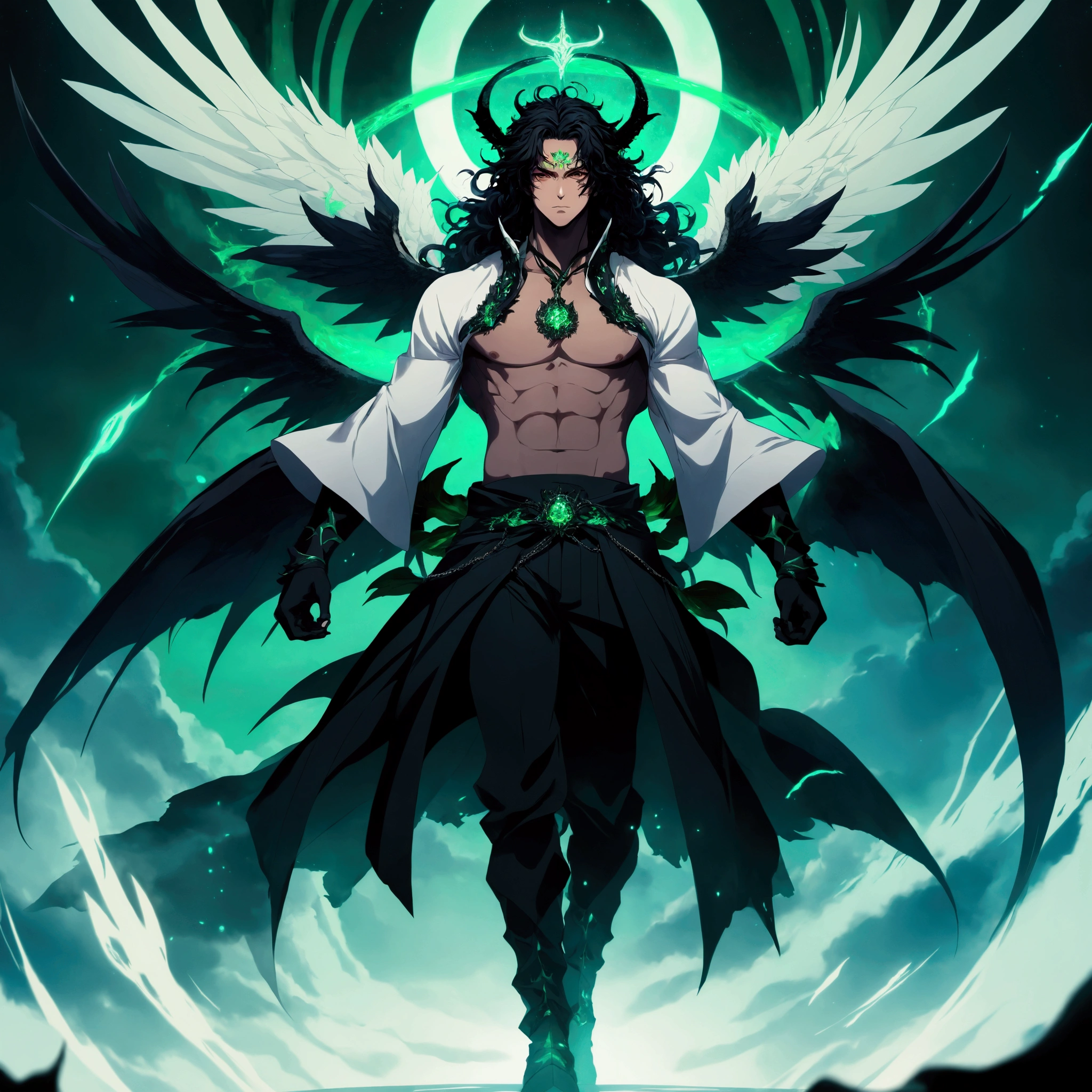 a highly detailed, full body portrait of a man wearing a black metal mask with green runes that only shows his eyes, masterpiece, best quality, ultra high res, beautiful, stunning, elegant, incredible details, detailed, aura, flying feathers, (dark green theme:1.1), glowing green eyes, cinematic lighting, ultra-high quality, 8k, full body, man, long flowing black hair, handsome, pale white skin, black long skirt, (no shirt, abs:1.1), green details, (dark magical energy enveloping arms:1.4), looking at viewer, posing, charging a green energy with hands, cifer ulquiorra, big claws, (full face black mask with green runes:1.2), (hundreds of black wings:1.3), (angelical black halo:1.25), (big black demonic tail:1.2), desert background, solo, crazy looking, menacing, (anime style:1.5)