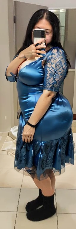 araffe woman taking a selfie in a blue dress in a bathroom, wearing blue dress, long blue dress, blue dress, wearing a blue dress, a blue dress, full covered dress, sky - blue dress, wearing a plastic blue dress, in blue dress, posing!!, belly free teal dress, dressed in blue, laced dress, flattering photo, Big tits, huge , no clothes, sexy, cute, wide hips, thick thighs, pear-shaped body, minimal clothes, thick ass, bbw, chubby stomach, thick nipples, nipple piercings, large areola, hard nipples, piercing through shirt, nipples hard through shirt, thick hips, minimal clothes, work out girl, low cut v neck shirt with cleavage, fat chubby stomach, bikini, fat round stomach, from side