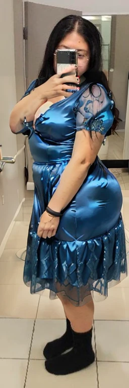 araffe woman taking a selfie in a blue dress in a bathroom, wearing blue dress, long blue dress, blue dress, wearing a blue dress, a blue dress, full covered dress, sky - blue dress, wearing a plastic blue dress, in blue dress, posing!!, belly free teal dress, dressed in blue, laced dress, flattering photo, Big tits, huge , no clothes, sexy, cute, wide hips, thick thighs, pear-shaped body, minimal clothes, thick ass, bbw, chubby stomach, thick nipples, nipple piercings, large areola, hard nipples, piercing through shirt, nipples hard through shirt, thick hips, minimal clothes, work out girl, low cut v neck shirt with cleavage, fat chubby stomach, bikini, fat round stomach, from side