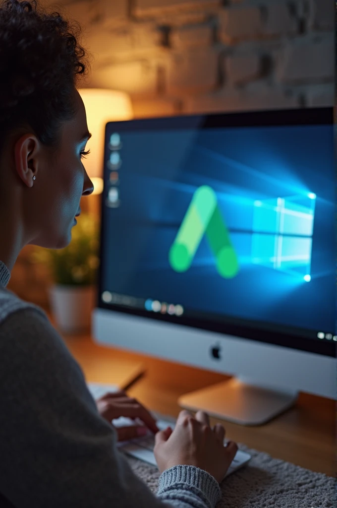a woman working on her computer,google ADS logo on computer,photo realist, focus on the hand with the computer