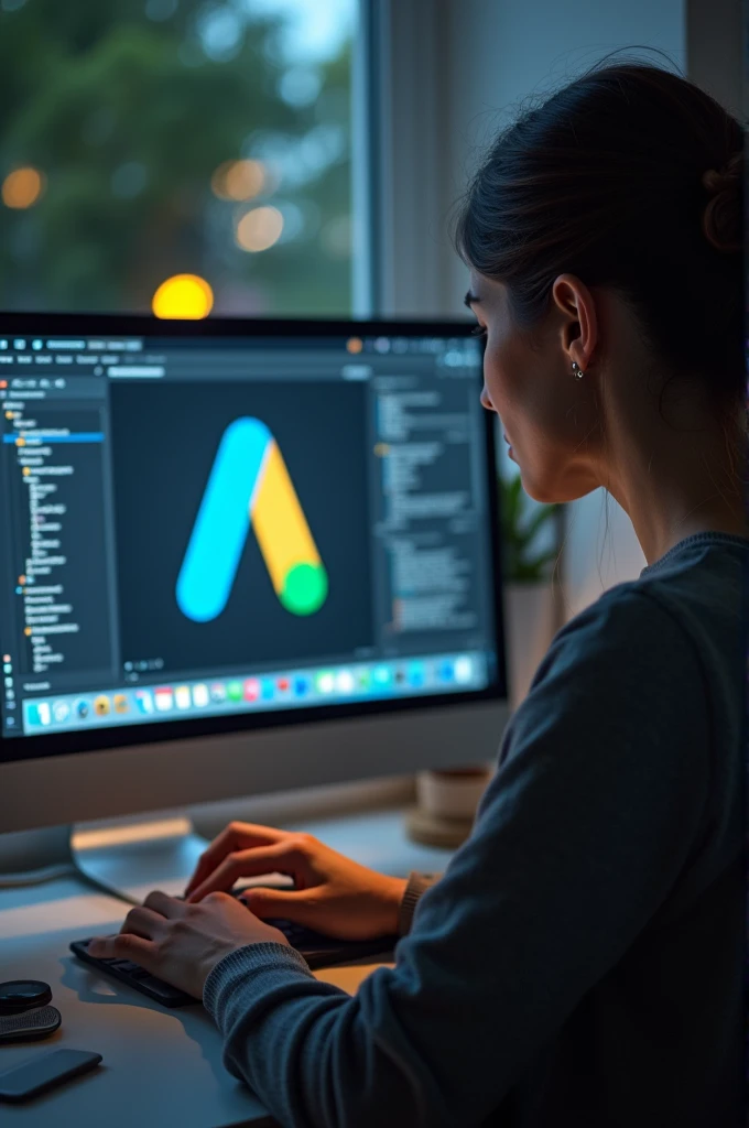 a woman working on her computer,google ADS logo on computer,photo realist, focus on the hand with the computer