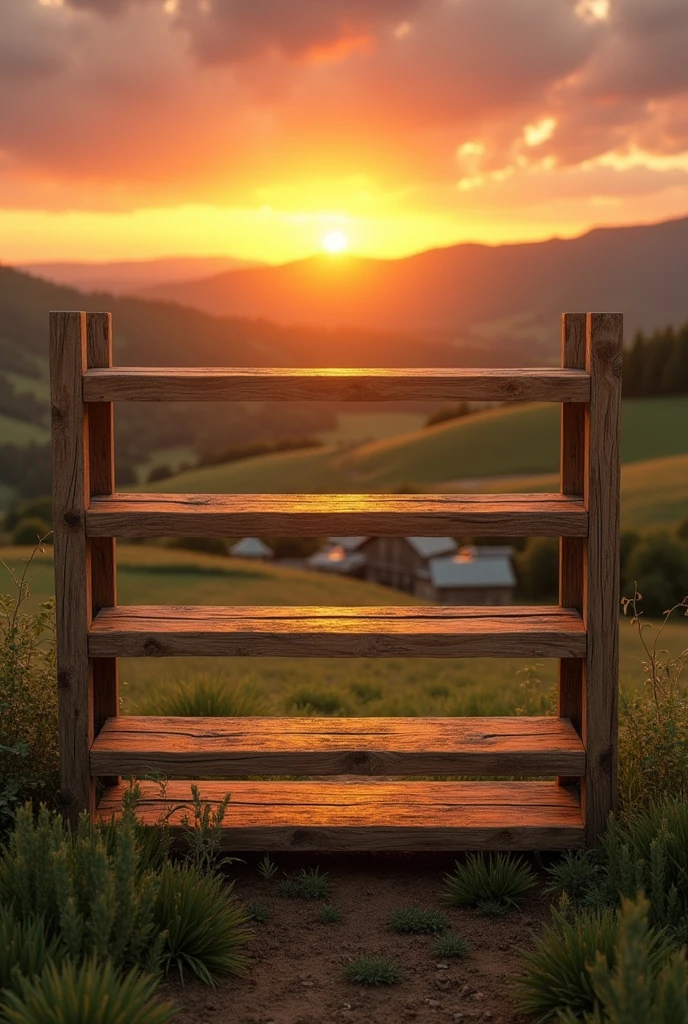 wooden shelves with six empty wooden farm at sunset