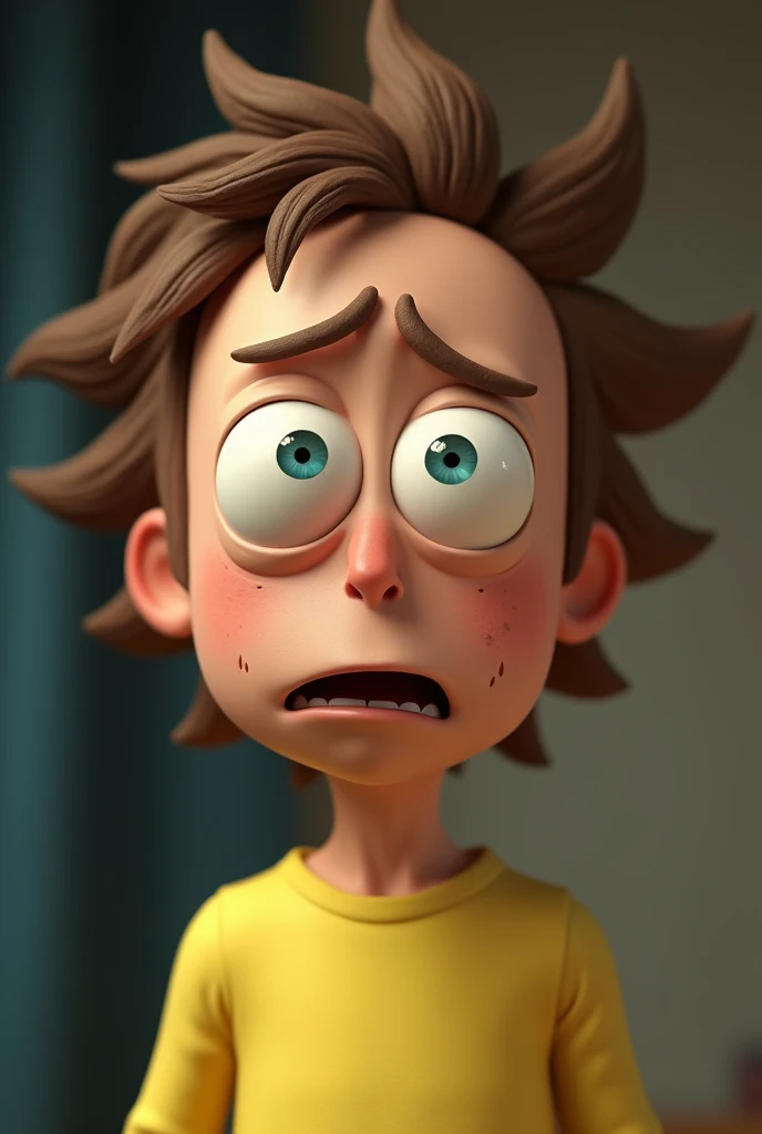 a detailed portrait of Morty from Rick and Morty, extremely detailed facial features, beautiful striking blue eyes, cute freckles, messy brown hair, anxious expression, wearing a yellow shirt, realistic, cinematic lighting, Pixar style, highly detailed, 8k, masterpiece