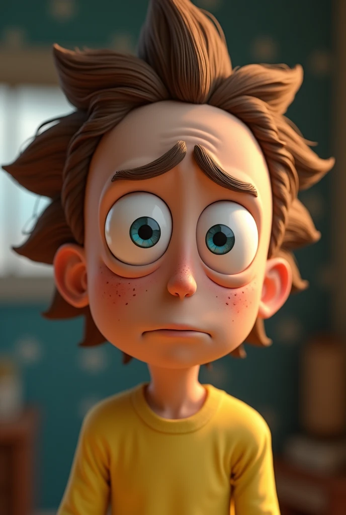 a detailed portrait of Morty from Rick and Morty, extremely detailed facial features, beautiful striking blue eyes, cute freckles, messy brown hair, anxious expression, wearing a yellow shirt, realistic, cinematic lighting, Pixar style, highly detailed, 8k, masterpiece