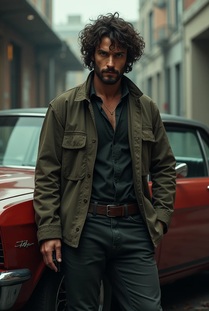 Curly haired man with a gun and a car
