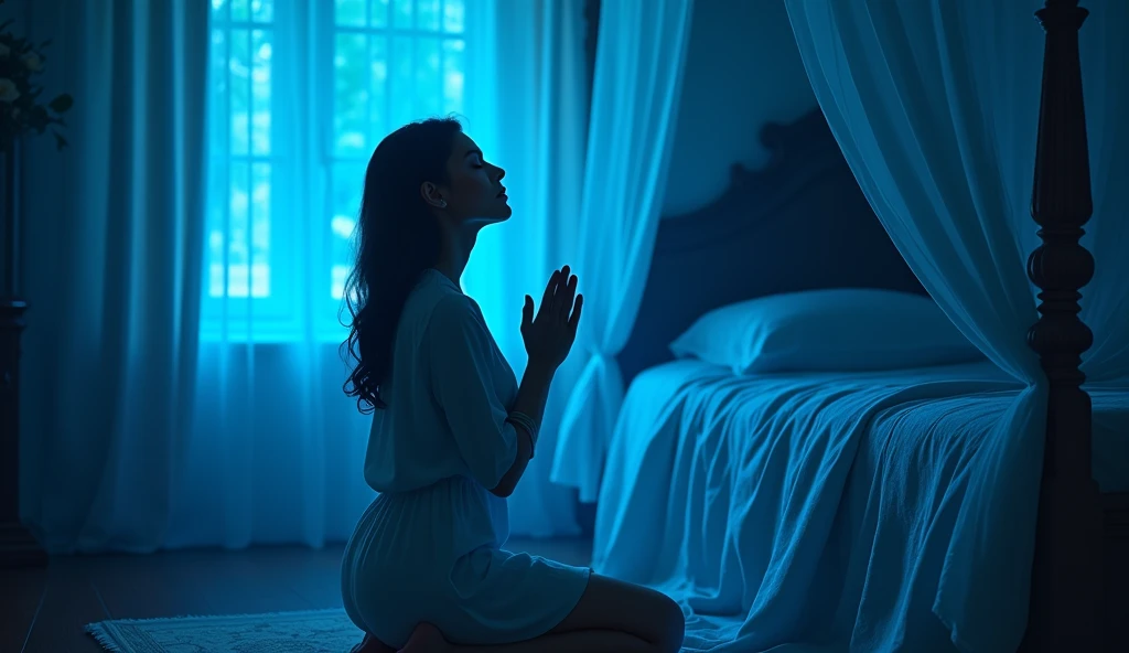 an image of a woman kneeling next to the bed, she is praying, blue lighting.