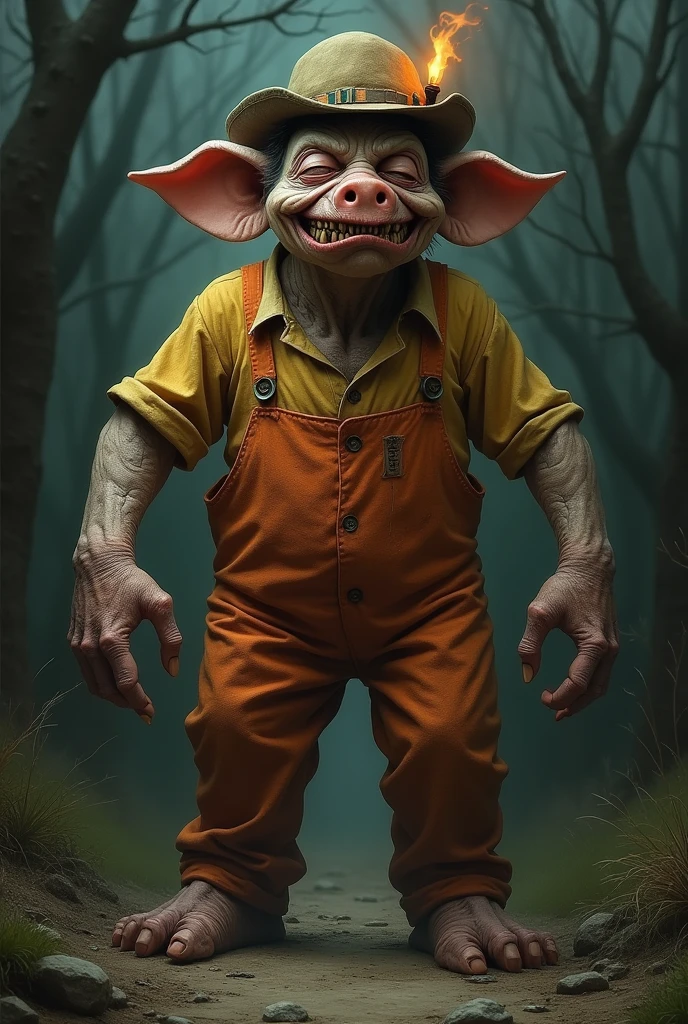 A big grotesque, non-human humanoid creature with a distorted, toothless grin stretching unnaturally across its face. Its eyes are perpetually closed, adding an air of eerie mystery. It wears a worn miner's hat with a dim torch flickering on top. The creature's skin is gnarled and twisted, with pig ears crudely sewn onto its head. Its torso and legs are massive and hulking, contrasting sharply with its thin, grotesquely elongated arms. The creature is clad in a tattered orange jumpsuit over a faded yellow shirt. It is an ancient, malevolent being that feeds on the souls of children. (full body)