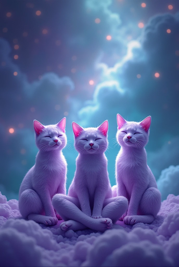 Create three cute cats, cute, hiper realisitic, realisitic, 真实感, They are meditating, they are purple, Are they happy, and the background is the turquoise and purple galaxy