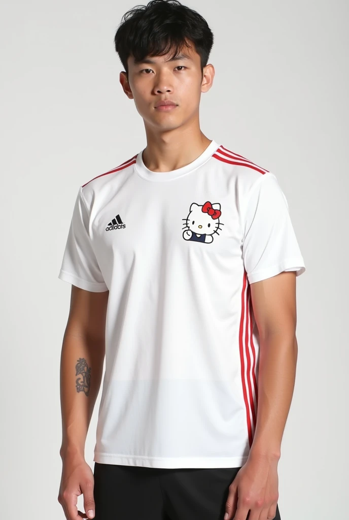 create a WHITE t-shirt with red STRIPE detail WITHOUT MANY PRINTS BUT WITH JAPANESE DETAILS front and back for a sports team with a design based on Japan with a few hello kitty details ON THE T-SHIRT, and write JOÃO COLIN as detail