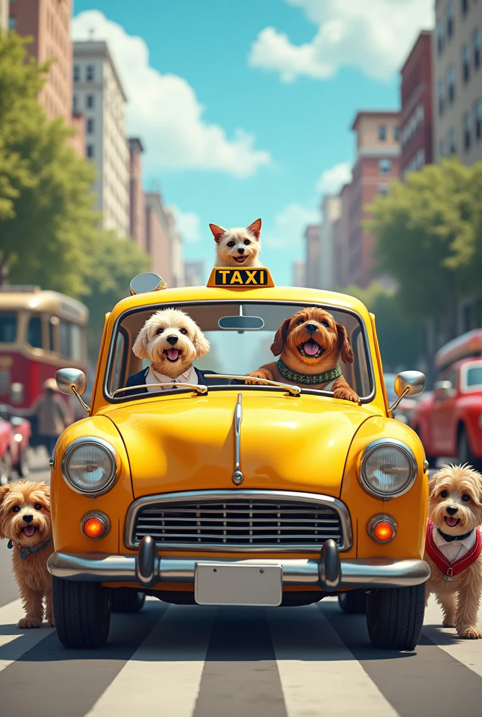 Create an advertising image for a taxi for dogs and cats.